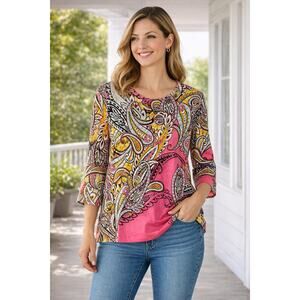 Chicos Size 1 Paisley Print Top Womens 3 4 Sleeve Pink Yellow Boho Blouse